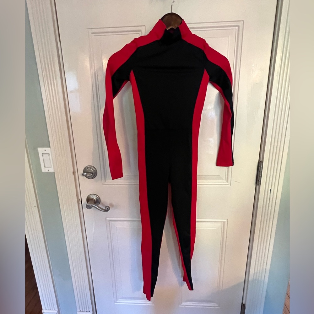 WEISSMAN MC red and black bodysuit.
